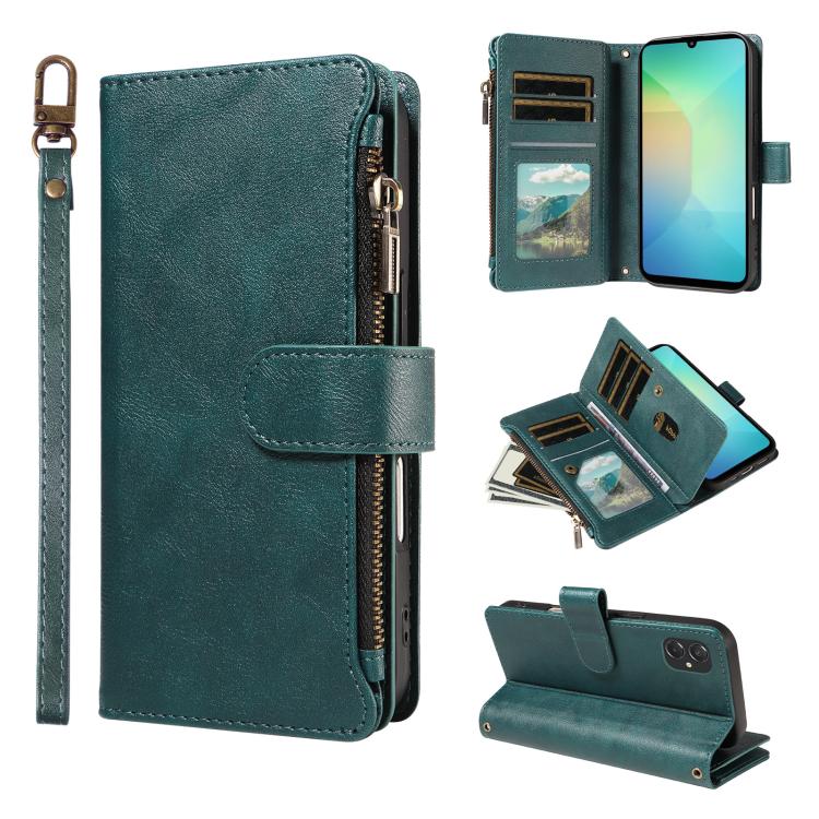 P03 Custodia per telefono in similpelle di vitello con 9 scomparti per carte, chiusura a cerniera e cinturino da polso, For Galaxy A57 5G, For Galaxy A37 5G, For Galaxy A27 5G, For Galaxy A07 5G / A06 5G / 4G