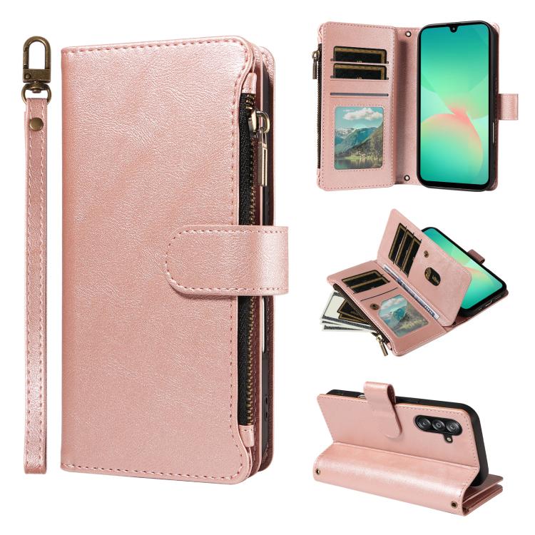 P03 Custodia per telefono in similpelle di vitello con 9 scomparti per carte, chiusura a cerniera e cinturino da polso, For Galaxy A26 / A17 / A16 5G, For Galaxy A36 / A56 5G, For Galaxy A15 5G, For Galaxy A55 5G