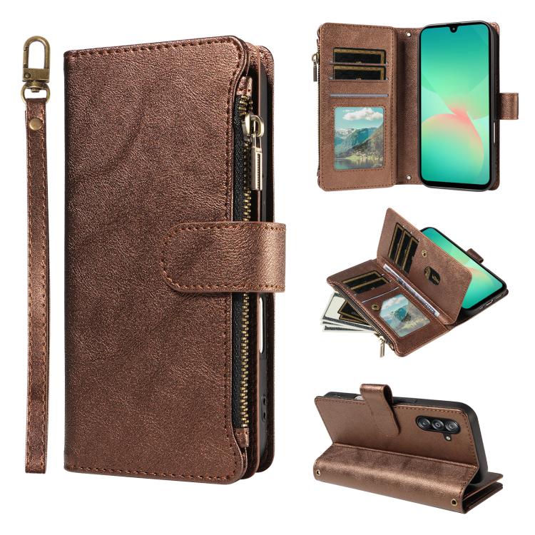 P03 Custodia per telefono in similpelle di vitello con 9 scomparti per carte, chiusura a cerniera e cinturino da polso, For Galaxy A26 / A17 / A16 5G, For Galaxy A36 / A56 5G, For Galaxy A15 5G, For Galaxy A55 5G