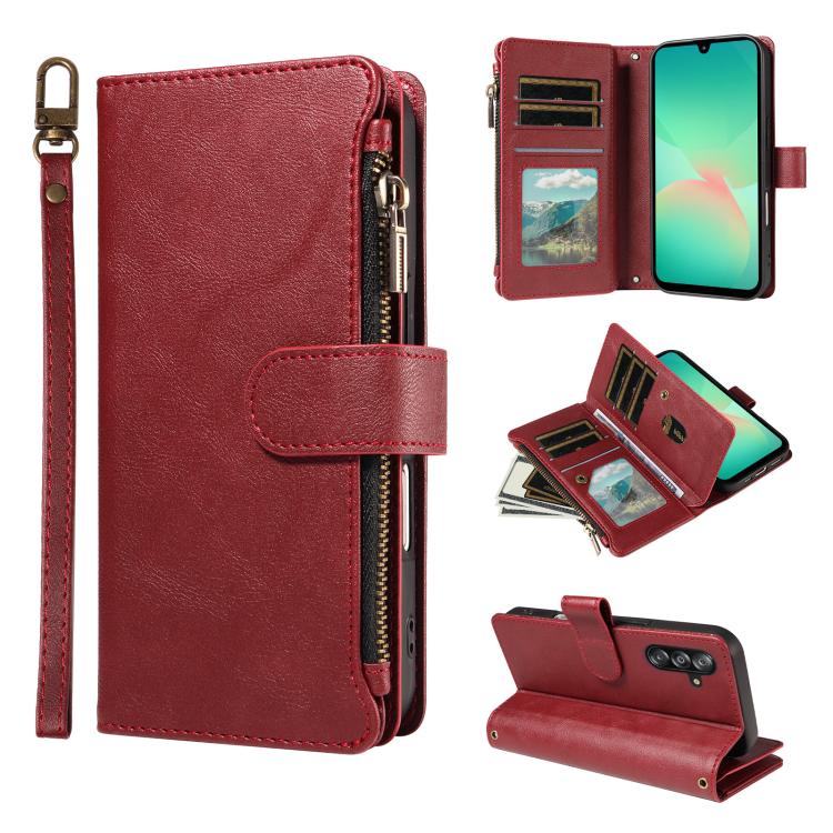 P03 Custodia per telefono in similpelle di vitello con 9 scomparti per carte, chiusura a cerniera e cinturino da polso, For Galaxy A26 / A17 / A16 5G, For Galaxy A36 / A56 5G, For Galaxy A15 5G, For Galaxy A55 5G
