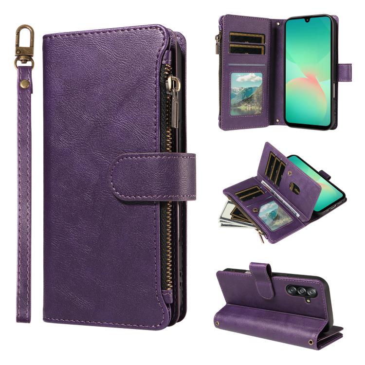 P03 Custodia per telefono in similpelle di vitello con 9 scomparti per carte, chiusura a cerniera e cinturino da polso, For Galaxy A26 / A17 / A16 5G, For Galaxy A36 / A56 5G, For Galaxy A15 5G, For Galaxy A55 5G