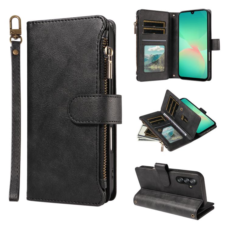 P03 Custodia per telefono in similpelle di vitello con 9 scomparti per carte, chiusura a cerniera e cinturino da polso, For Galaxy A26 / A17 / A16 5G, For Galaxy A36 / A56 5G, For Galaxy A15 5G, For Galaxy A55 5G