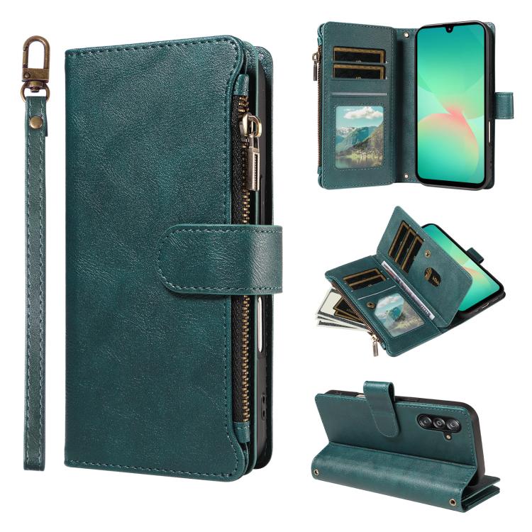 P03 Custodia per telefono in similpelle di vitello con 9 scomparti per carte, chiusura a cerniera e cinturino da polso, For Galaxy A26 / A17 / A16 5G, For Galaxy A36 / A56 5G, For Galaxy A15 5G, For Galaxy A55 5G