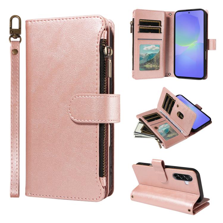 P03 Custodia per telefono in similpelle di vitello con 9 scomparti per carte, chiusura a cerniera e cinturino da polso, For Galaxy A26 / A17 / A16 5G, For Galaxy A36 / A56 5G, For Galaxy A15 5G, For Galaxy A55 5G