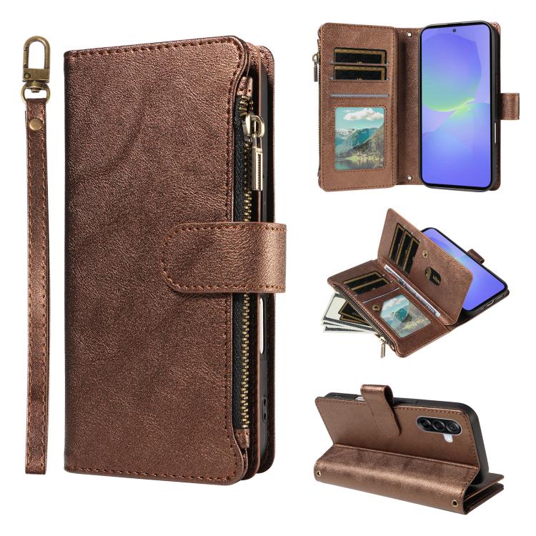 P03 Custodia per telefono in similpelle di vitello con 9 scomparti per carte, chiusura a cerniera e cinturino da polso, For Galaxy A26 / A17 / A16 5G, For Galaxy A36 / A56 5G, For Galaxy A15 5G, For Galaxy A55 5G