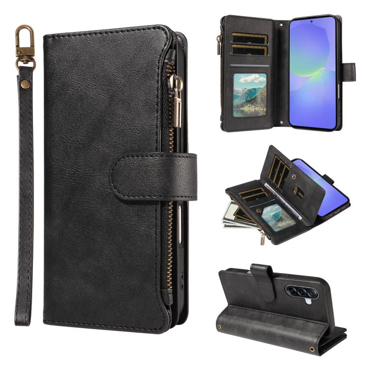 P03 Custodia per telefono in similpelle di vitello con 9 scomparti per carte, chiusura a cerniera e cinturino da polso, For Galaxy A26 / A17 / A16 5G, For Galaxy A36 / A56 5G, For Galaxy A15 5G, For Galaxy A55 5G