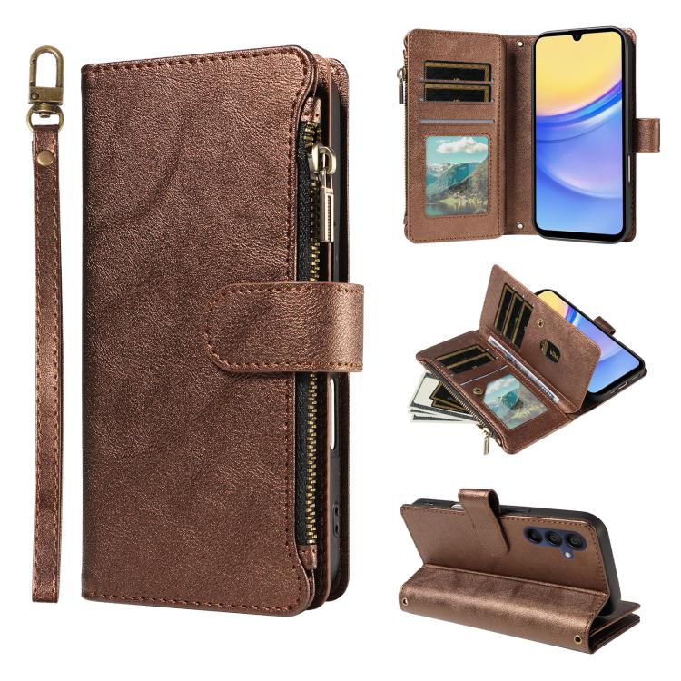 P03 Custodia per telefono in similpelle di vitello con 9 scomparti per carte, chiusura a cerniera e cinturino da polso, For Galaxy A26 / A17 / A16 5G, For Galaxy A36 / A56 5G, For Galaxy A15 5G, For Galaxy A55 5G