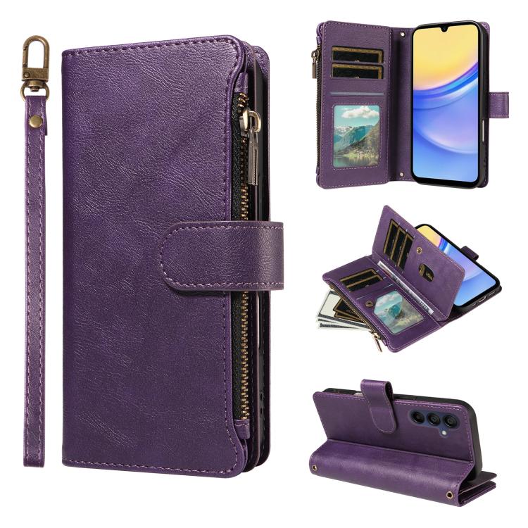 P03 Custodia per telefono in similpelle di vitello con 9 scomparti per carte, chiusura a cerniera e cinturino da polso, For Galaxy A26 / A17 / A16 5G, For Galaxy A36 / A56 5G, For Galaxy A15 5G, For Galaxy A55 5G