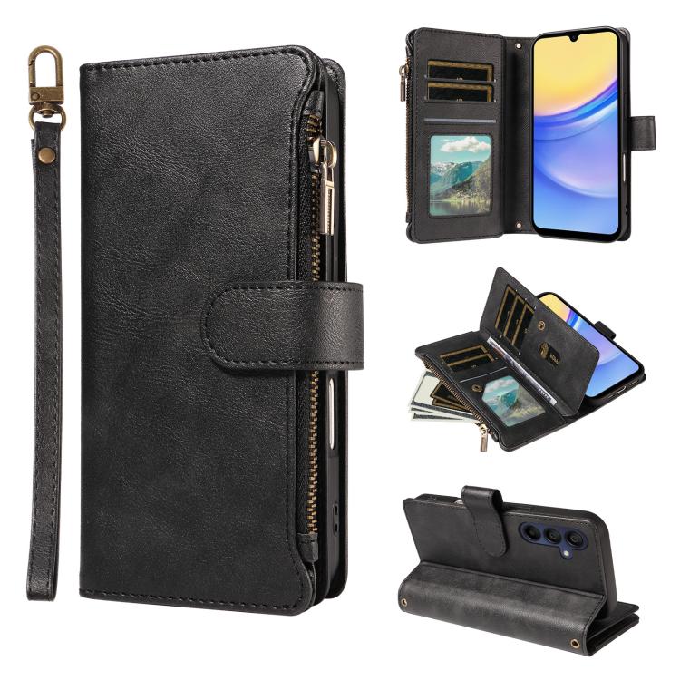 P03 Custodia per telefono in similpelle di vitello con 9 scomparti per carte, chiusura a cerniera e cinturino da polso, For Galaxy A26 / A17 / A16 5G, For Galaxy A36 / A56 5G, For Galaxy A15 5G, For Galaxy A55 5G