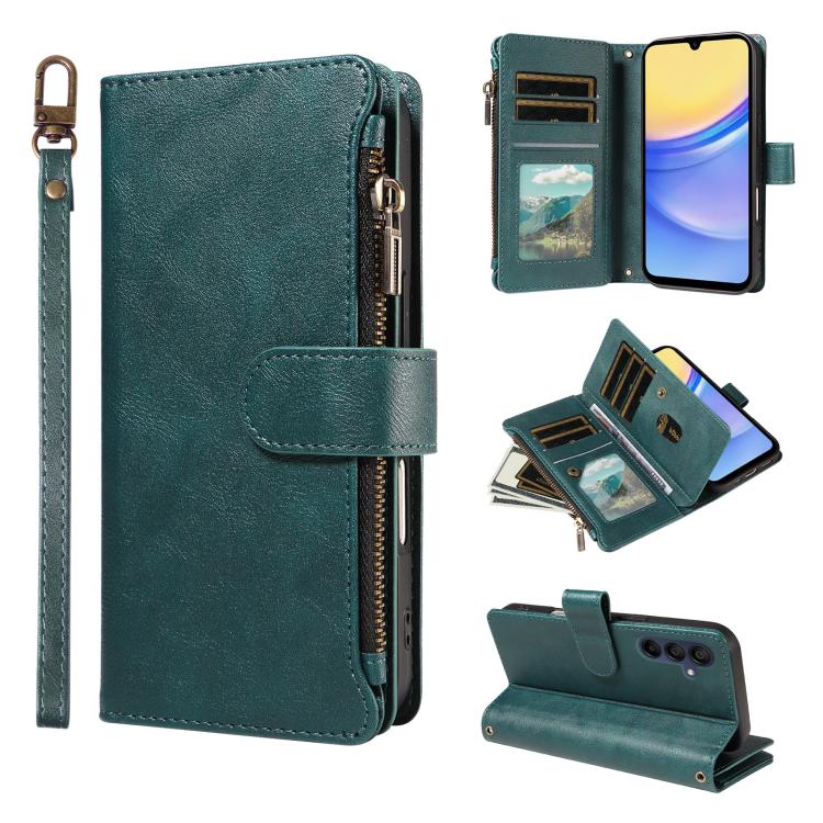 P03 Custodia per telefono in similpelle di vitello con 9 scomparti per carte, chiusura a cerniera e cinturino da polso, For Galaxy A26 / A17 / A16 5G, For Galaxy A36 / A56 5G, For Galaxy A15 5G, For Galaxy A55 5G