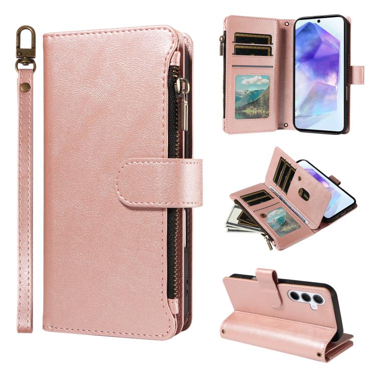 P03 Custodia per telefono in similpelle di vitello con 9 scomparti per carte, chiusura a cerniera e cinturino da polso, For Galaxy A26 / A17 / A16 5G, For Galaxy A36 / A56 5G, For Galaxy A15 5G, For Galaxy A55 5G