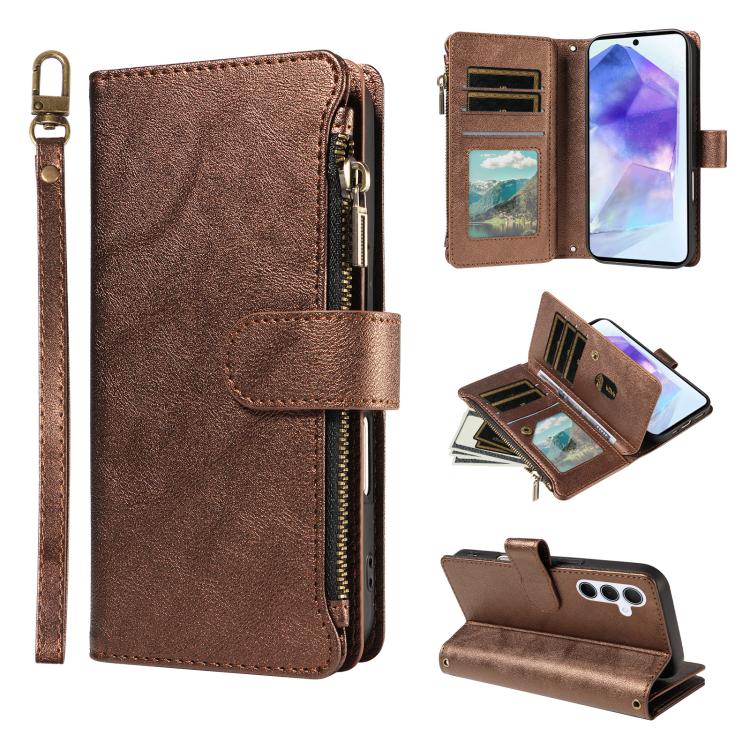 P03 Custodia per telefono in similpelle di vitello con 9 scomparti per carte, chiusura a cerniera e cinturino da polso, For Galaxy A26 / A17 / A16 5G, For Galaxy A36 / A56 5G, For Galaxy A15 5G, For Galaxy A55 5G