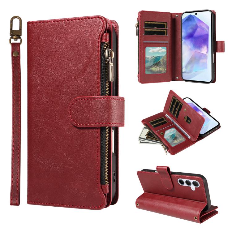 P03 Custodia per telefono in similpelle di vitello con 9 scomparti per carte, chiusura a cerniera e cinturino da polso, For Galaxy A26 / A17 / A16 5G, For Galaxy A36 / A56 5G, For Galaxy A15 5G, For Galaxy A55 5G