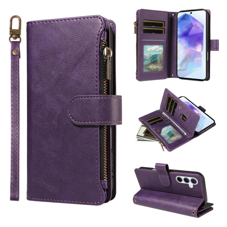 P03 Custodia per telefono in similpelle di vitello con 9 scomparti per carte, chiusura a cerniera e cinturino da polso, For Galaxy A26 / A17 / A16 5G, For Galaxy A36 / A56 5G, For Galaxy A15 5G, For Galaxy A55 5G