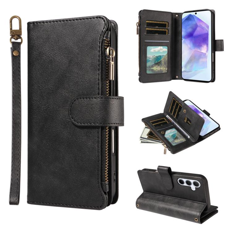 P03 Custodia per telefono in similpelle di vitello con 9 scomparti per carte, chiusura a cerniera e cinturino da polso, For Galaxy A26 / A17 / A16 5G, For Galaxy A36 / A56 5G, For Galaxy A15 5G, For Galaxy A55 5G