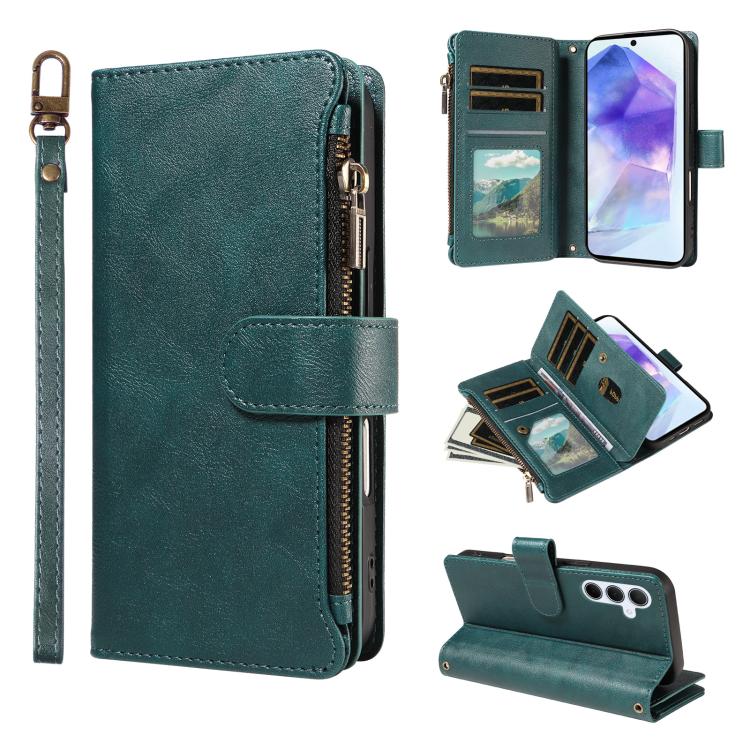 P03 Custodia per telefono in similpelle di vitello con 9 scomparti per carte, chiusura a cerniera e cinturino da polso, For Galaxy A26 / A17 / A16 5G, For Galaxy A36 / A56 5G, For Galaxy A15 5G, For Galaxy A55 5G