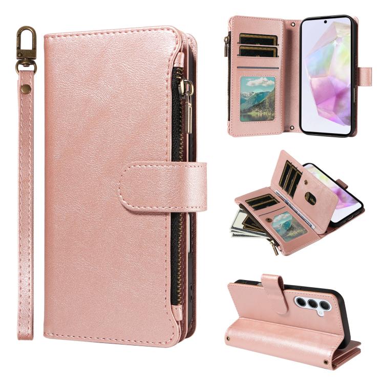 P03 Custodia per telefono in similpelle di vitello con 9 scomparti per carte, chiusura a cerniera e cinturino da polso, For Galaxy A35 5G, For Galaxy A05, For Galaxy A05s, For Galaxy A25 5G