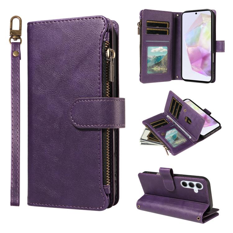 P03 Custodia per telefono in similpelle di vitello con 9 scomparti per carte, chiusura a cerniera e cinturino da polso, For Galaxy A35 5G, For Galaxy A05, For Galaxy A05s, For Galaxy A25 5G