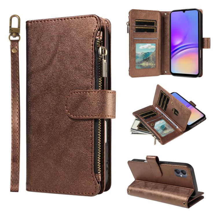 P03 Custodia per telefono in similpelle di vitello con 9 scomparti per carte, chiusura a cerniera e cinturino da polso, For Galaxy A35 5G, For Galaxy A05, For Galaxy A05s, For Galaxy A25 5G