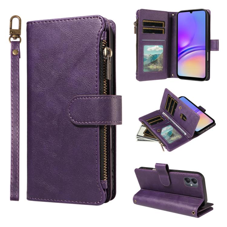 P03 Custodia per telefono in similpelle di vitello con 9 scomparti per carte, chiusura a cerniera e cinturino da polso, For Galaxy A35 5G, For Galaxy A05, For Galaxy A05s, For Galaxy A25 5G