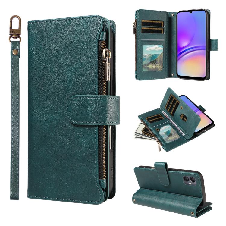 P03 Custodia per telefono in similpelle di vitello con 9 scomparti per carte, chiusura a cerniera e cinturino da polso, For Galaxy A35 5G, For Galaxy A05, For Galaxy A05s, For Galaxy A25 5G