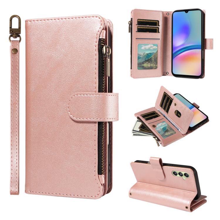 P03 Custodia per telefono in similpelle di vitello con 9 scomparti per carte, chiusura a cerniera e cinturino da polso, For Galaxy A35 5G, For Galaxy A05, For Galaxy A05s, For Galaxy A25 5G
