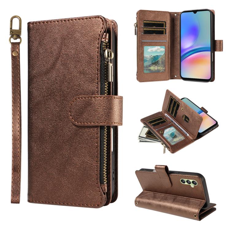 P03 Custodia per telefono in similpelle di vitello con 9 scomparti per carte, chiusura a cerniera e cinturino da polso, For Galaxy A35 5G, For Galaxy A05, For Galaxy A05s, For Galaxy A25 5G