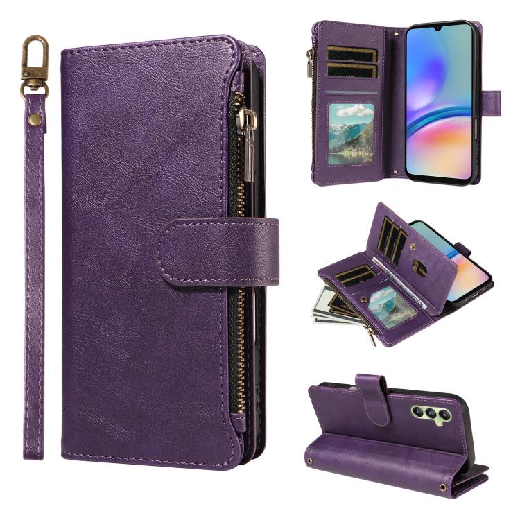 P03 Custodia per telefono in similpelle di vitello con 9 scomparti per carte, chiusura a cerniera e cinturino da polso, For Galaxy A35 5G, For Galaxy A05, For Galaxy A05s, For Galaxy A25 5G