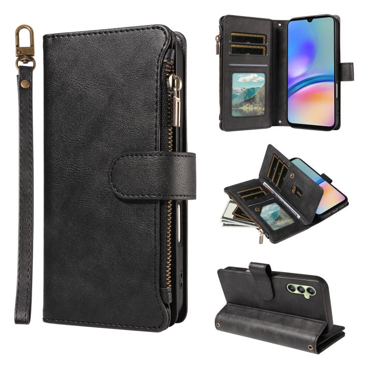 P03 Custodia per telefono in similpelle di vitello con 9 scomparti per carte, chiusura a cerniera e cinturino da polso, For Galaxy A35 5G, For Galaxy A05, For Galaxy A05s, For Galaxy A25 5G