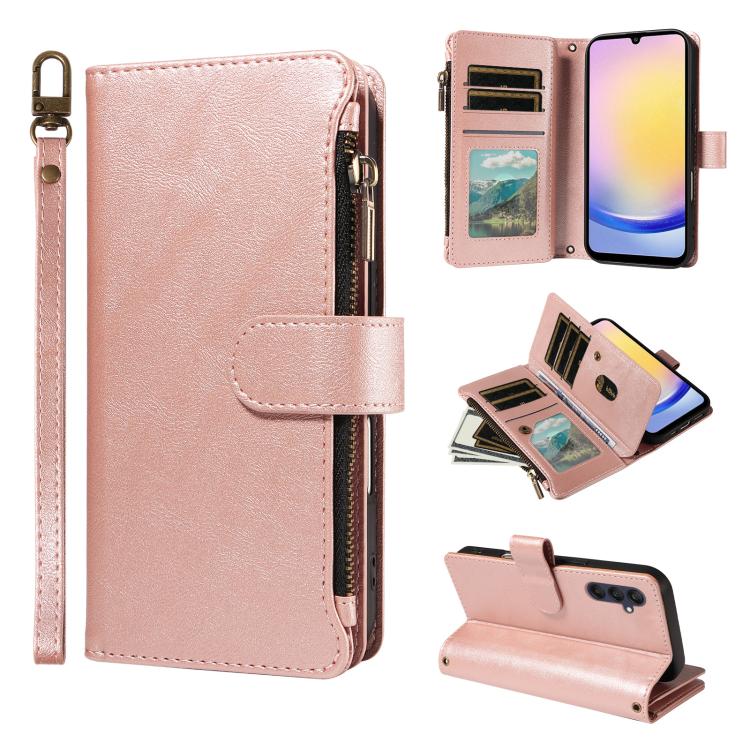 P03 Custodia per telefono in similpelle di vitello con 9 scomparti per carte, chiusura a cerniera e cinturino da polso, For Galaxy A35 5G, For Galaxy A05, For Galaxy A05s, For Galaxy A25 5G