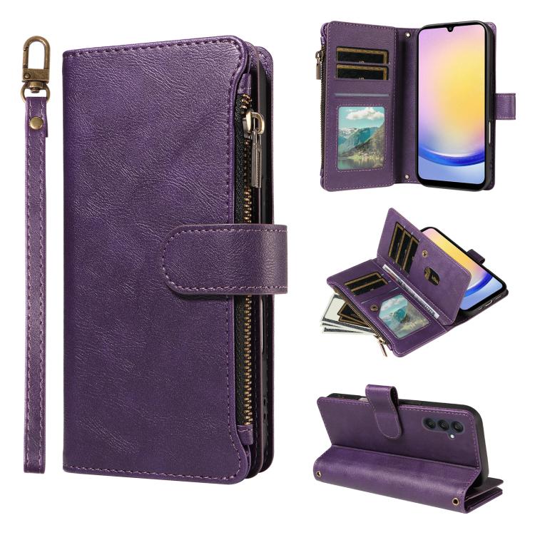 P03 Custodia per telefono in similpelle di vitello con 9 scomparti per carte, chiusura a cerniera e cinturino da polso, For Galaxy A35 5G, For Galaxy A05, For Galaxy A05s, For Galaxy A25 5G