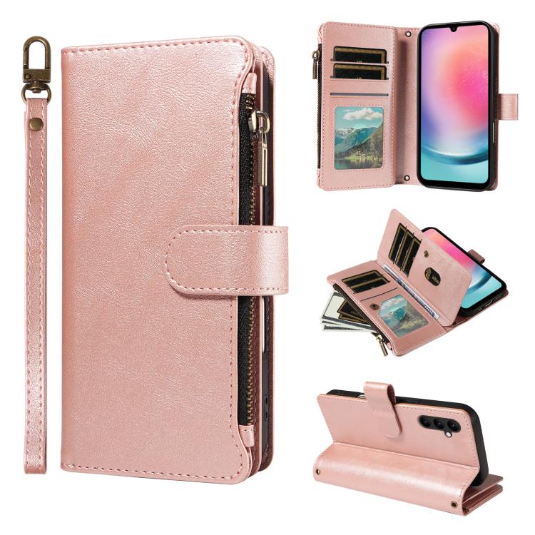 P03 Custodia per telefono in similpelle di vitello con 9 scomparti per carte, chiusura a cerniera e cinturino da polso, For Galaxy A24 4G, For Galaxy A34 5G, For Galaxy A54 5G, For Galaxy A14 5G