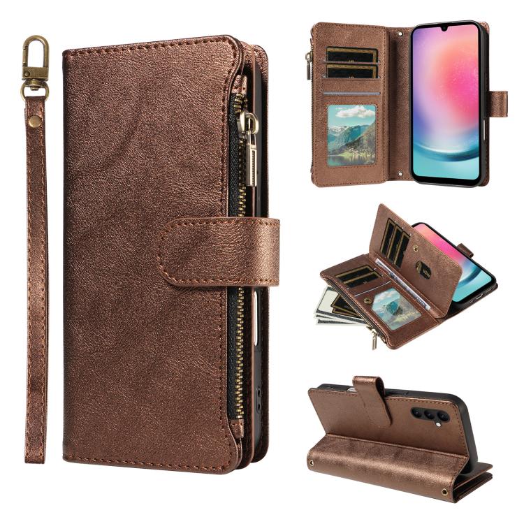 P03 Custodia per telefono in similpelle di vitello con 9 scomparti per carte, chiusura a cerniera e cinturino da polso, For Galaxy A24 4G, For Galaxy A34 5G, For Galaxy A54 5G, For Galaxy A14 5G