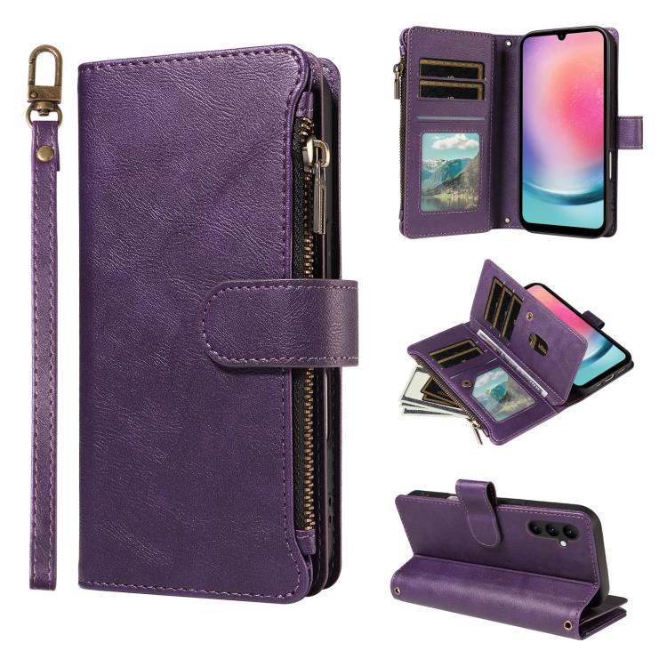 P03 Custodia per telefono in similpelle di vitello con 9 scomparti per carte, chiusura a cerniera e cinturino da polso, For Galaxy A24 4G, For Galaxy A34 5G, For Galaxy A54 5G, For Galaxy A14 5G