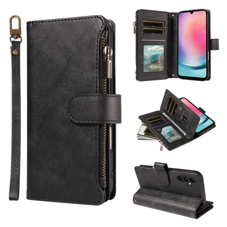 P03 Custodia per telefono in similpelle di vitello con 9 scomparti per carte, chiusura a cerniera e cinturino da polso, For Galaxy A24 4G, For Galaxy A34 5G, For Galaxy A54 5G, For Galaxy A14 5G