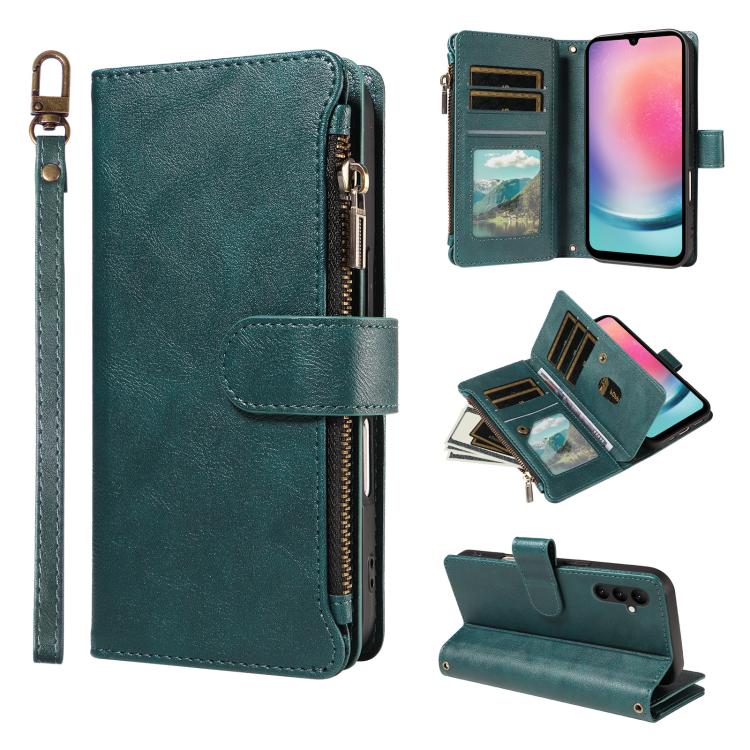 P03 Custodia per telefono in similpelle di vitello con 9 scomparti per carte, chiusura a cerniera e cinturino da polso, For Galaxy A24 4G, For Galaxy A34 5G, For Galaxy A54 5G, For Galaxy A14 5G