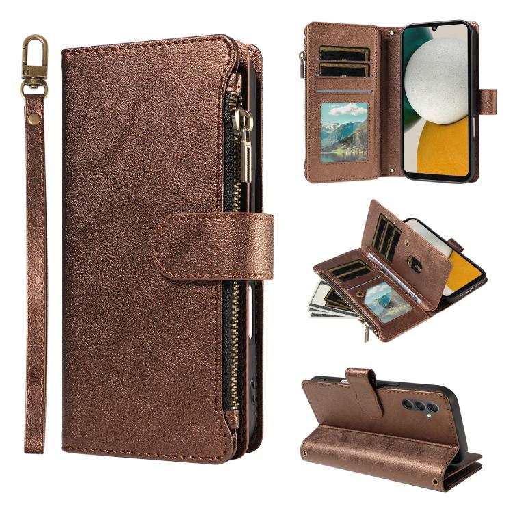 P03 Custodia per telefono in similpelle di vitello con 9 scomparti per carte, chiusura a cerniera e cinturino da polso, For Galaxy A24 4G, For Galaxy A34 5G, For Galaxy A54 5G, For Galaxy A14 5G