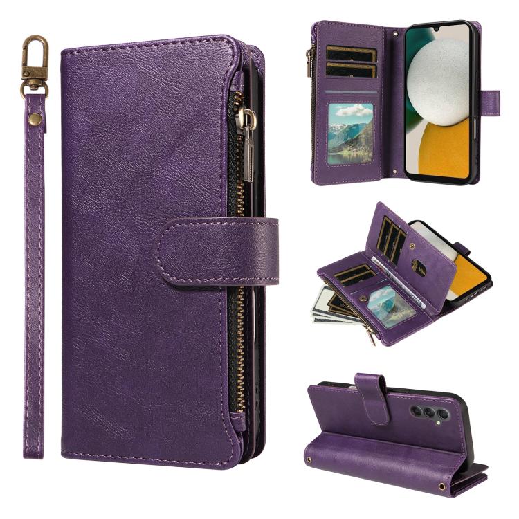 P03 Custodia per telefono in similpelle di vitello con 9 scomparti per carte, chiusura a cerniera e cinturino da polso, For Galaxy A24 4G, For Galaxy A34 5G, For Galaxy A54 5G, For Galaxy A14 5G
