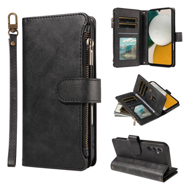 P03 Custodia per telefono in similpelle di vitello con 9 scomparti per carte, chiusura a cerniera e cinturino da polso, For Galaxy A24 4G, For Galaxy A34 5G, For Galaxy A54 5G, For Galaxy A14 5G