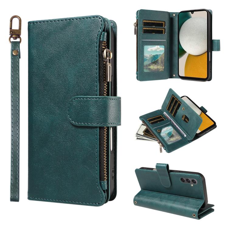 P03 Custodia per telefono in similpelle di vitello con 9 scomparti per carte, chiusura a cerniera e cinturino da polso, For Galaxy A24 4G, For Galaxy A34 5G, For Galaxy A54 5G, For Galaxy A14 5G