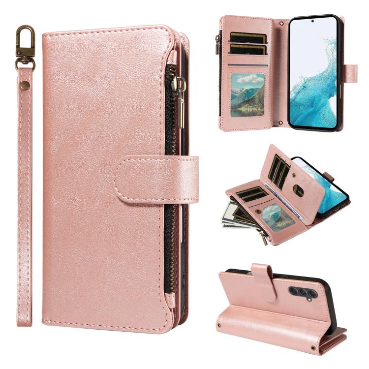 P03 Custodia per telefono in similpelle di vitello con 9 scomparti per carte, chiusura a cerniera e cinturino da polso, For Galaxy A24 4G, For Galaxy A34 5G, For Galaxy A54 5G, For Galaxy A14 5G