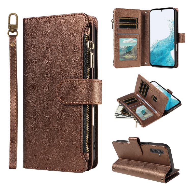 P03 Custodia per telefono in similpelle di vitello con 9 scomparti per carte, chiusura a cerniera e cinturino da polso, For Galaxy A24 4G, For Galaxy A34 5G, For Galaxy A54 5G, For Galaxy A14 5G