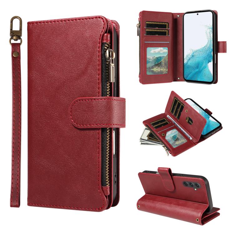 P03 Custodia per telefono in similpelle di vitello con 9 scomparti per carte, chiusura a cerniera e cinturino da polso, For Galaxy A24 4G, For Galaxy A34 5G, For Galaxy A54 5G, For Galaxy A14 5G