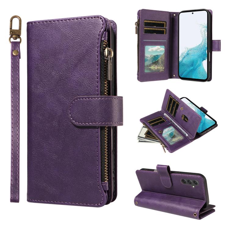 P03 Custodia per telefono in similpelle di vitello con 9 scomparti per carte, chiusura a cerniera e cinturino da polso, For Galaxy A24 4G, For Galaxy A34 5G, For Galaxy A54 5G, For Galaxy A14 5G