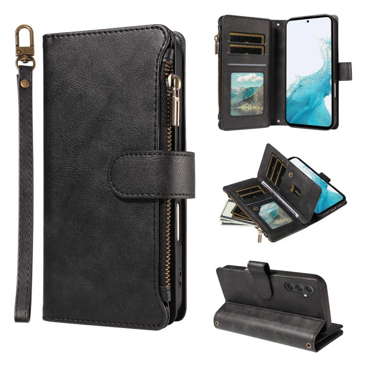 P03 Custodia per telefono in similpelle di vitello con 9 scomparti per carte, chiusura a cerniera e cinturino da polso, For Galaxy A24 4G, For Galaxy A34 5G, For Galaxy A54 5G, For Galaxy A14 5G