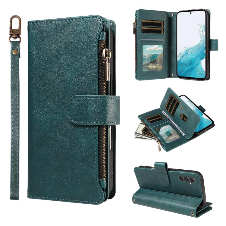 P03 Custodia per telefono in similpelle di vitello con 9 scomparti per carte, chiusura a cerniera e cinturino da polso, For Galaxy A24 4G, For Galaxy A34 5G, For Galaxy A54 5G, For Galaxy A14 5G
