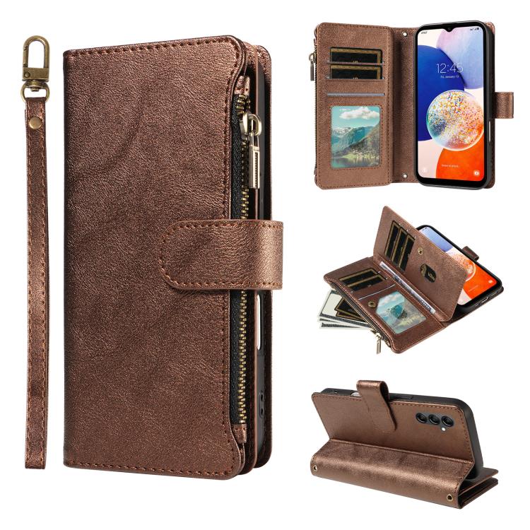 P03 Custodia per telefono in similpelle di vitello con 9 scomparti per carte, chiusura a cerniera e cinturino da polso, For Galaxy A24 4G, For Galaxy A34 5G, For Galaxy A54 5G, For Galaxy A14 5G