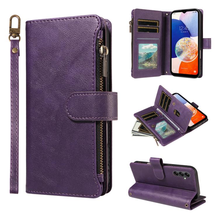 P03 Custodia per telefono in similpelle di vitello con 9 scomparti per carte, chiusura a cerniera e cinturino da polso, For Galaxy A24 4G, For Galaxy A34 5G, For Galaxy A54 5G, For Galaxy A14 5G