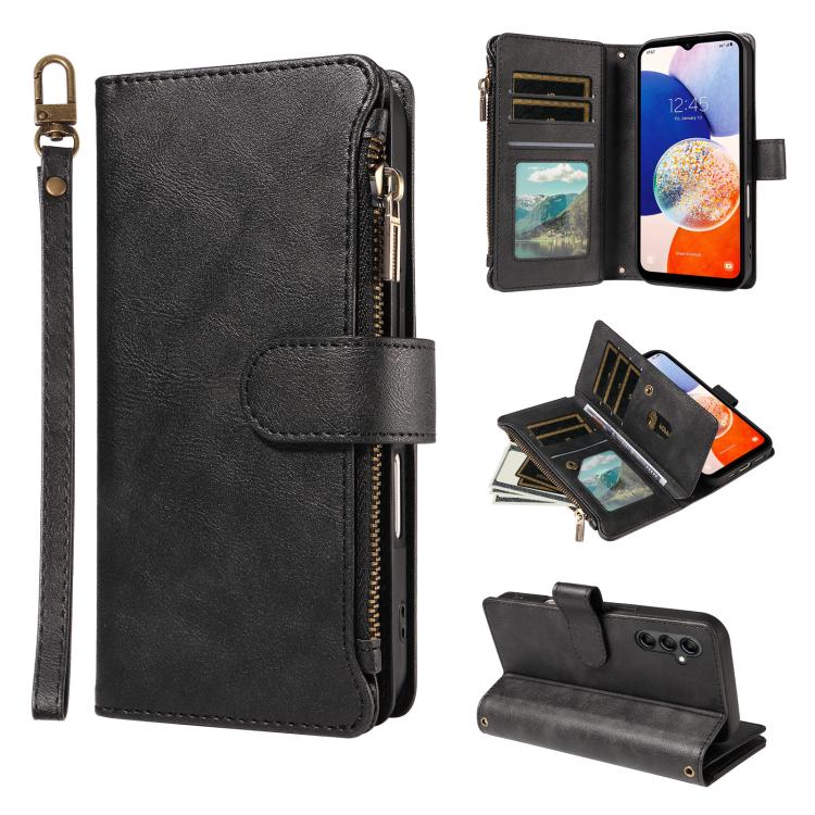 P03 Custodia per telefono in similpelle di vitello con 9 scomparti per carte, chiusura a cerniera e cinturino da polso, For Galaxy A24 4G, For Galaxy A34 5G, For Galaxy A54 5G, For Galaxy A14 5G