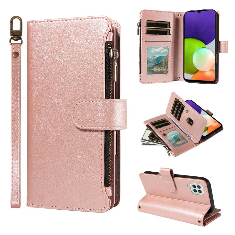 P03 Custodia per telefono in similpelle di vitello con 9 scomparti per carte, chiusura a cerniera e cinturino da polso, For Galaxy A22 4G